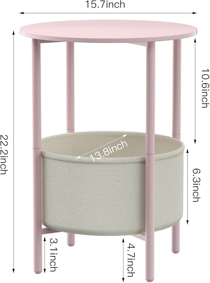 Round End Table with Fabric Basket, Bedside Table with Storage, Morden Round - Image 3