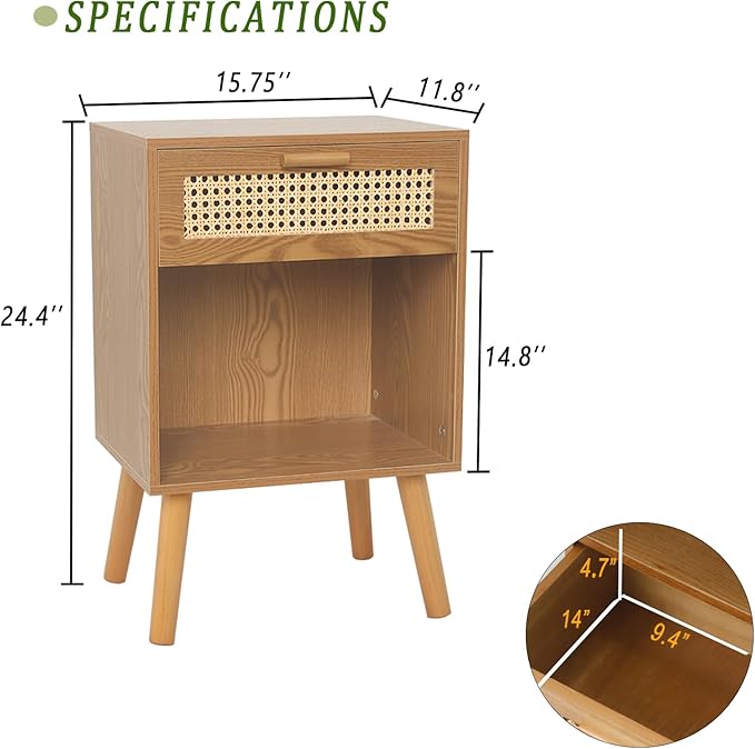 Mid Century Modern Nightstand, Rattan Bedside Table - Image 3