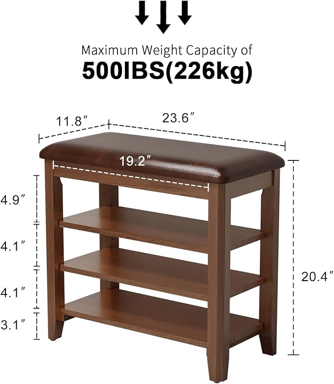 Shoe Bench with Leather Cushion, 3 Tiers Shoe Storage Bench Height Adjustable - Image 2