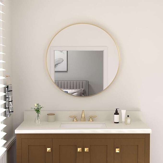 30 inch Gold Circle Wall Mirror, Brushed Gold Metal Framed Round Mirror - Image 2