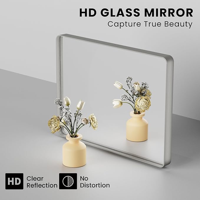 Brushed Nickel Bathroom Mirror 38x38 Inch, Brushed Silver Metal Frame Mirror - Image 3