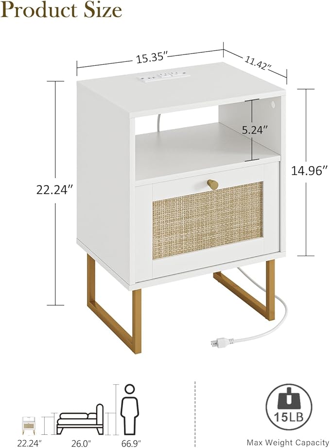 Masupu Rattan Nightstand with Charging Station, Modern Boho Farmhouse Wood - Image 2