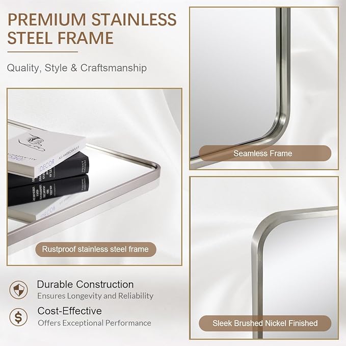ANDY STAR Brushed Nickel Bathroom Mirror, 30x36’’ Rounded Corner Rectangle - Image 3