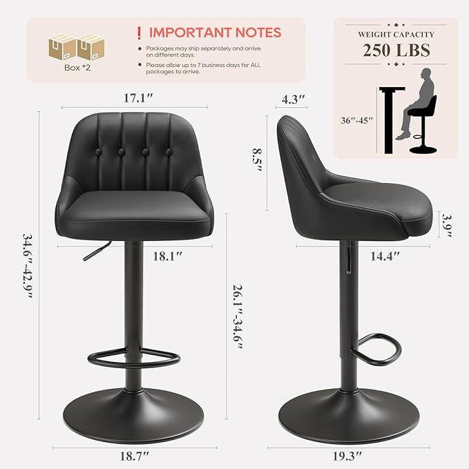 Bar Stools Set of 3, Swivel Bar Chairs, Modern Adjustable PU Leather - Image 2