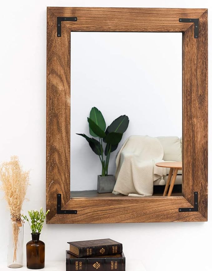 YOSHOOT Rustic Wooden Framed Wall Mirror, Natural Wood Bathroom Vanity Mirror - Image 4