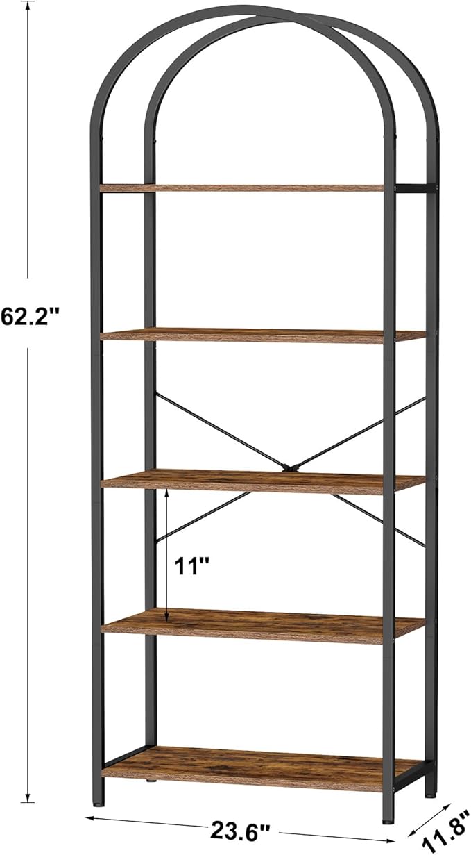 Homhedy 5-Tier Bookshelf Arched Display Racks, Wood and Metal Bookcase - Image 2