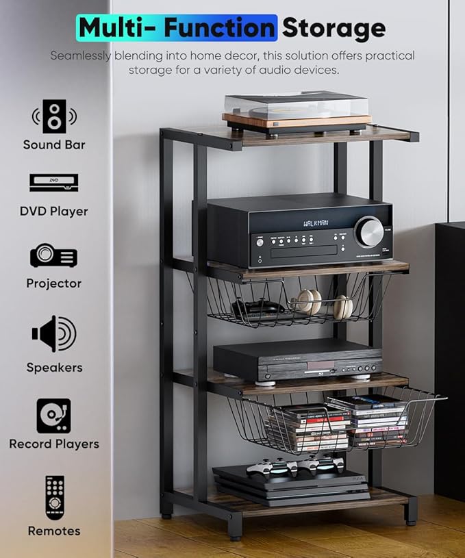Media Stand with Two Detachable Baskets, 4-Tier AV Media Stand Corner Shelf - Image 5