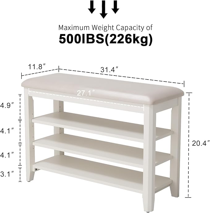 Shoe Bench with Leather Cushion, 3 Tiers Shoe Storage Bench Height Adjustable - Image 2