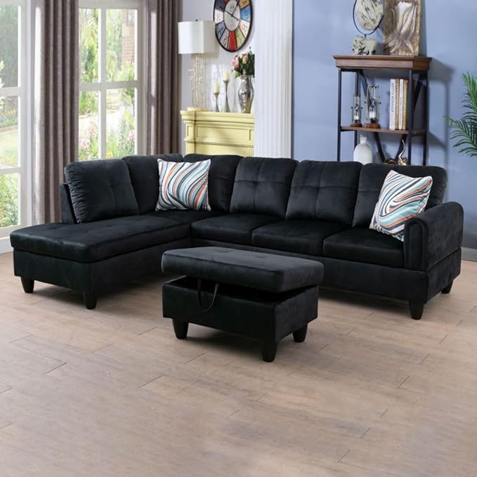 Black L-Shaped 3-Piece Flannel Sofa by Unknown