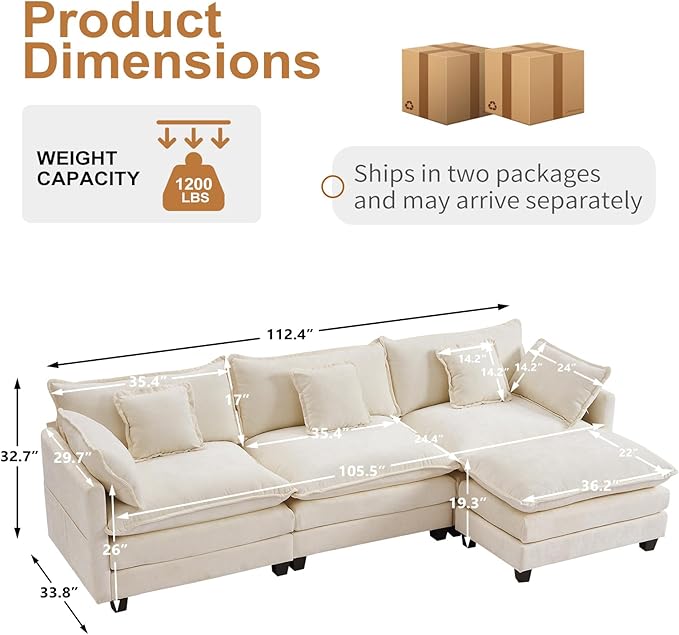 Furniliving 112‘’ L-Shaped Sofa, Luxury Chenille Modular Sectional Couches - Image 2