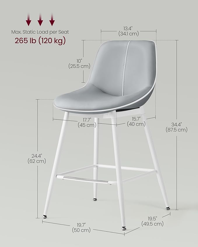 VASAGLE Bar Stools Set of 2, Counter Height Bar Stools - Image 2