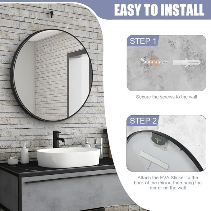 26inch Bathroom Round Mirror, Wall Mounted Vanity Mirror, Steel Frame, Steel - Image 6