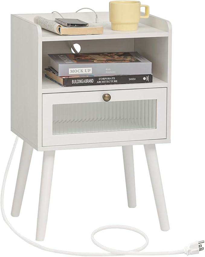 AWASEN White Nightstand with Charging Station, Modern Bedside Table with Glass by AWASEN