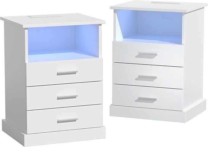 Nightstand with Charging Station, LED Lights Side Table with 3 Drawers by Halitaa