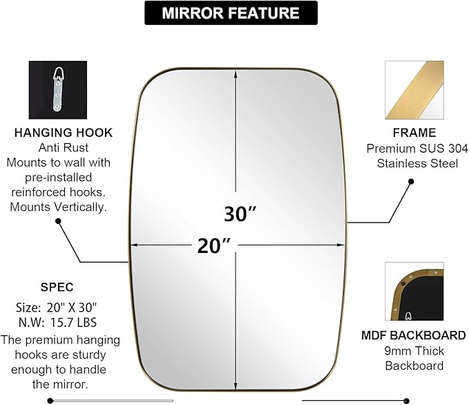 ANDY STAR Gold Bathroom Mirror, 20x30’’ Brushed Gold Vanity Mirror - Image 4