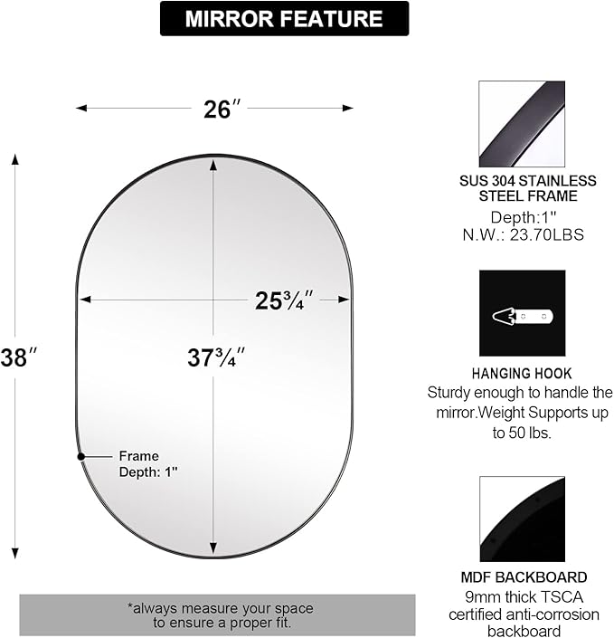 ANDY STAR Black Oval Mirror, 26x38'' Pill Shaped Mirror 1’’ Deep Metal Frame - Image 2