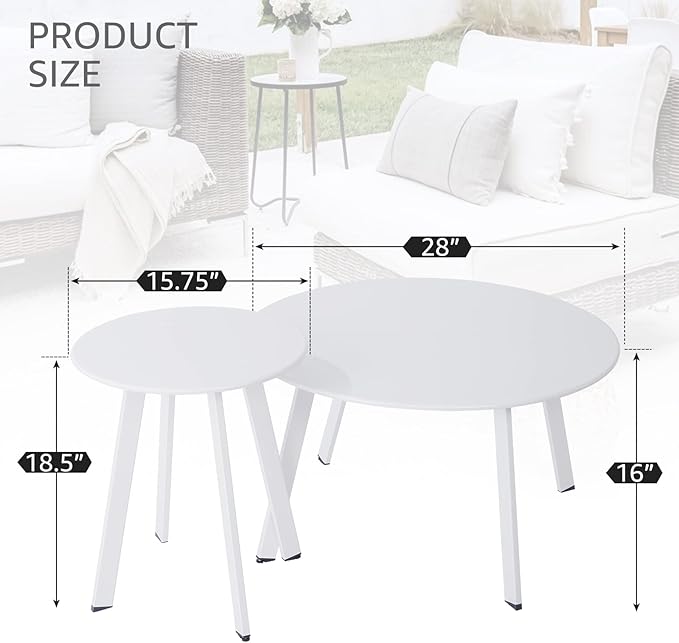 Patio Coffee Table Set of 2, Outdoor Weather Resistant End Table, Round Nesting - Image 3