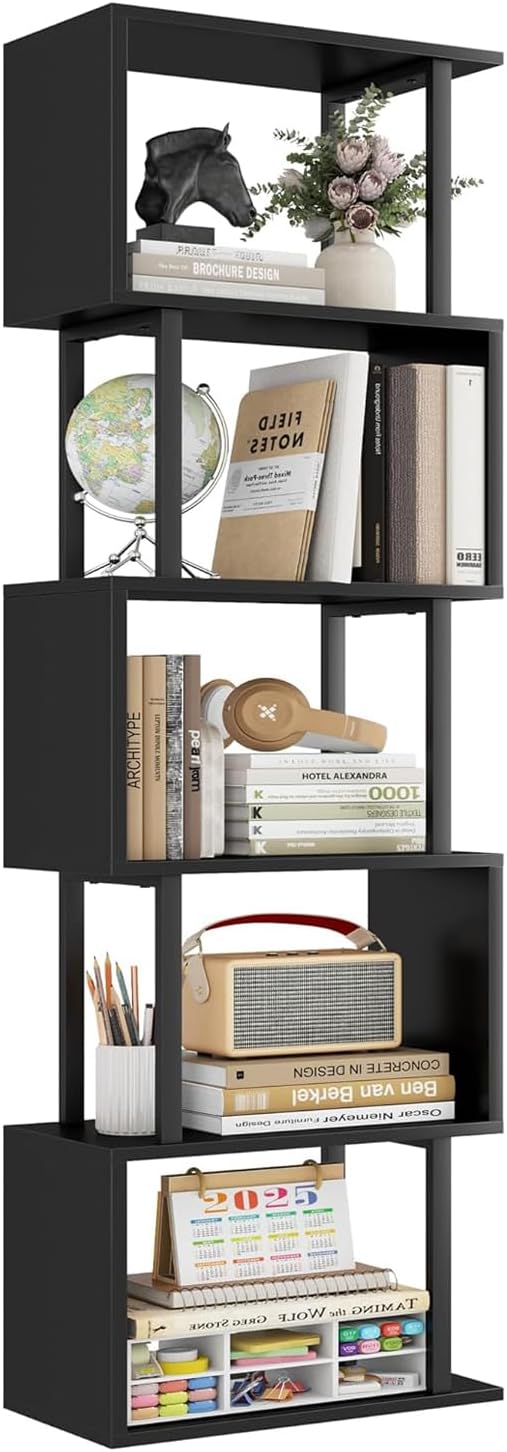 Gadroad 5-Tier Bookshelf, Tall S-Shaped Geometric Bookcase, Wood and Metal by Gadroad