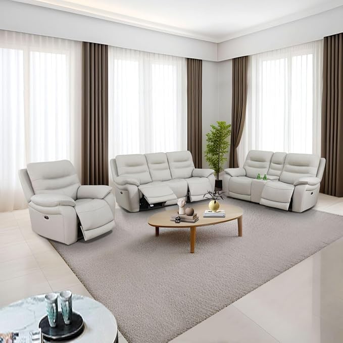 Electric Power Reclining Sofa Set, Genuine Breathing Leather Recliner Couch Set - Image 4