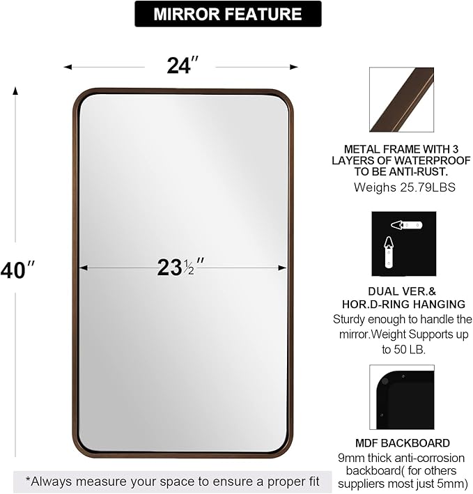 ANDY STAR Bronze Bathroom Mirror, 24x40’’ Rounded Rectangle Oil Rubbed Bronze - Image 2