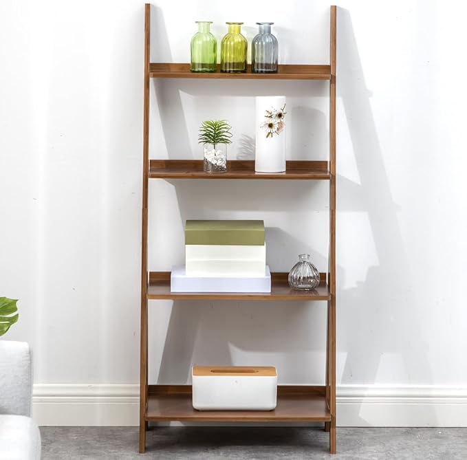 Maydear Bamboo Ladder Shelf Bookcase, 4-Tier Leaning Bookshelf Free Standing - Image 3