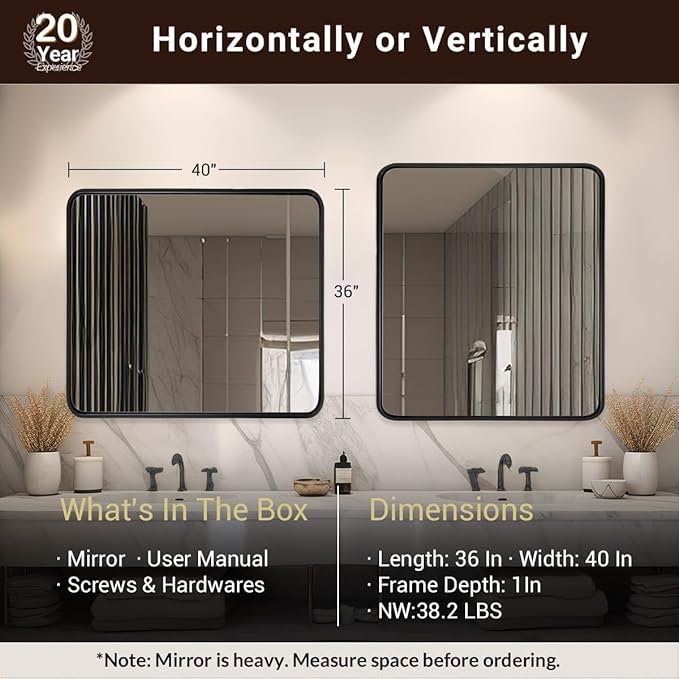 ANDY STAR 40X36 Inch Black Bathroom Mirror, Rounded Rectangle Mirror - Image 3