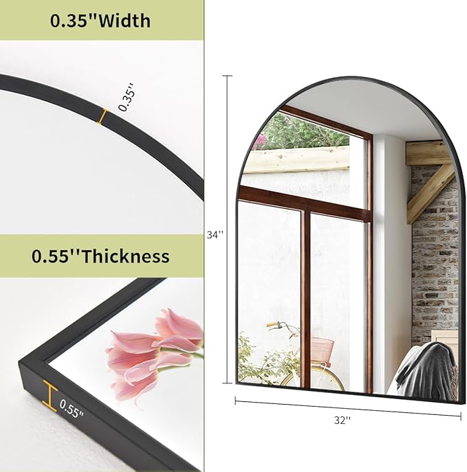 BEAUTYPEAK 32"x34" Arch Bathroom Mirror, Wall Mounted Vanity Metal Frame Mirror - Image 4