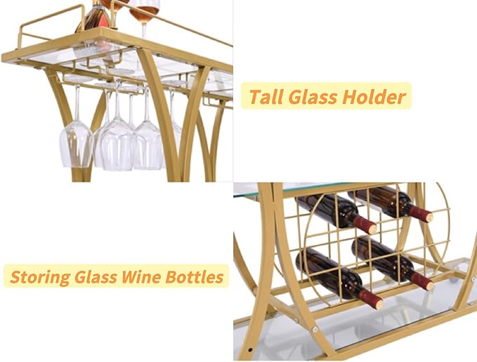 Gold Bar Carts with Glass Holders & Wine Rack, 3 Tier Home Bar Serving Carts - Image 2
