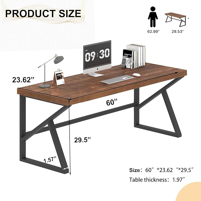 IBF Solid Real Wood Large Computer Desk, 60” Rustic Natural Home Office Desk - Image 2
