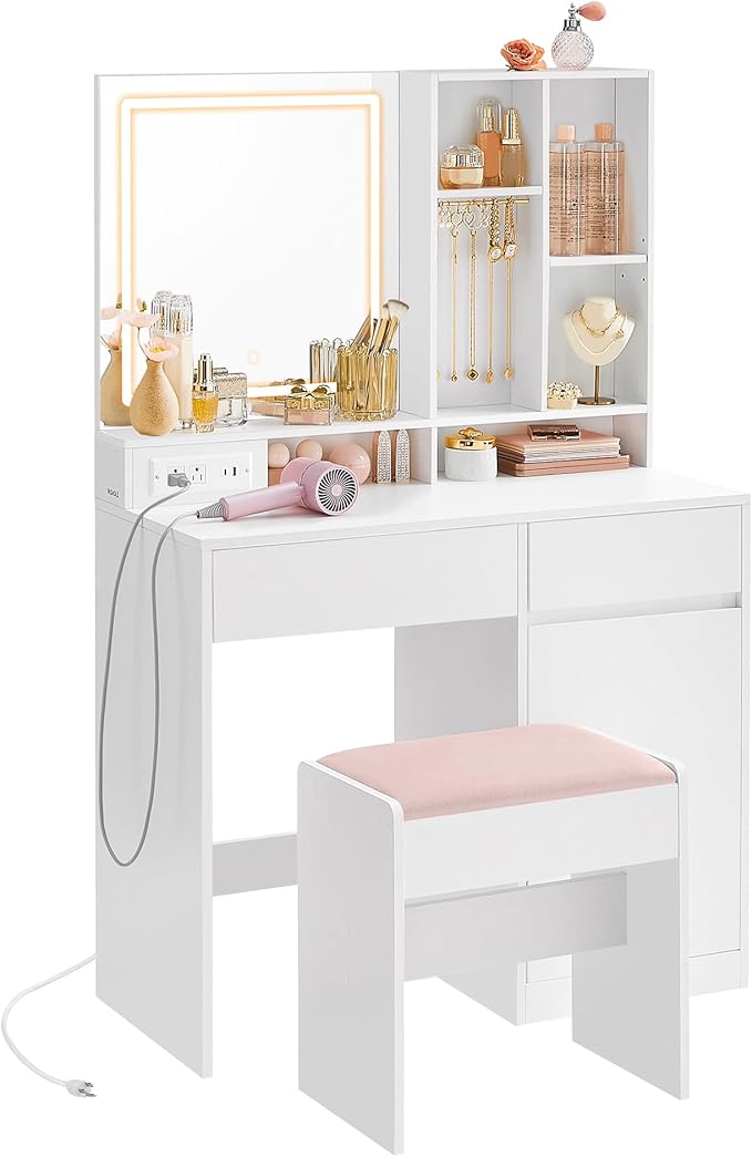 VASAGLE Vanity Desk with Mirror and Lights, Power Outlets, Vanity Table Set by VASAGLEbySONGMICSHOME