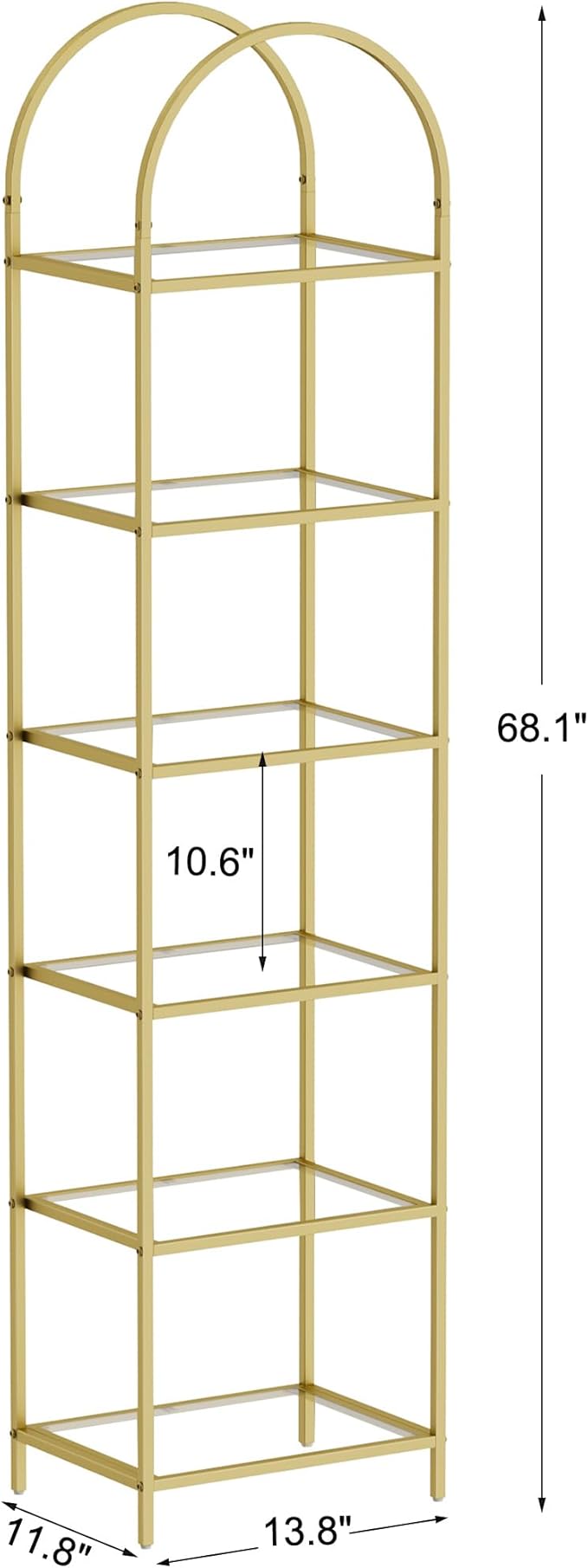 Homhedy Bookshelf Arched Display Racks, Metal Bookcase, Tempered Glass Shelves - Image 2