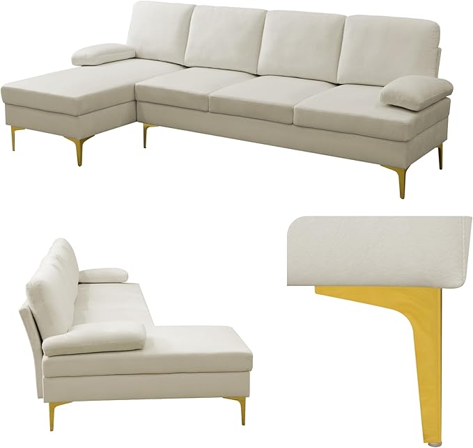 L Shape Sofa with Chaise, 4 Seat Living Room Sofa Set with Golden Wooden Leg - Image 3