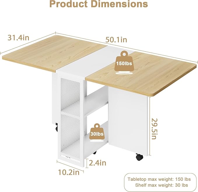 IDEALHOUSE Folding Dining Table, Drop Leaf Dining Table - Image 2