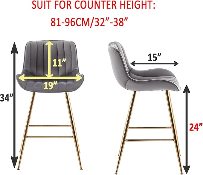 Sidanli Gold Bar Stools, 24” Velvet Barstools, Kitchen Chairs Set of 2 - Image 3