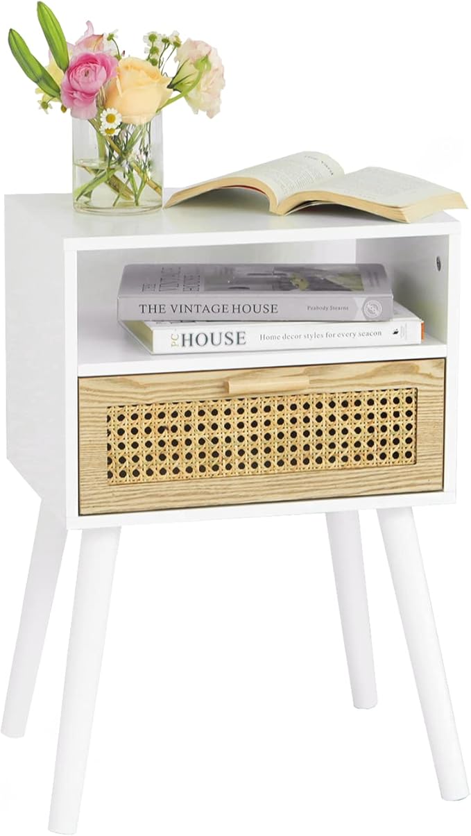 MaxSmeo White Nightstand with Drawer, Mid Century Modern Nightstand, Rattan - Image 4