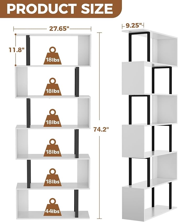 Gadroad 6 Tier Geometric Bookcase, S Shaped Bookshelf, Wood Decorative Storage - Image 3