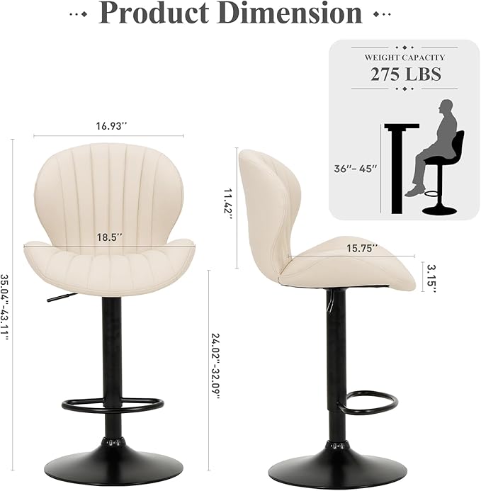 COLAMY Bar Stools Set of 2, Modern Swivel Bar Chairs, Adjustable Faux Leather - Image 2