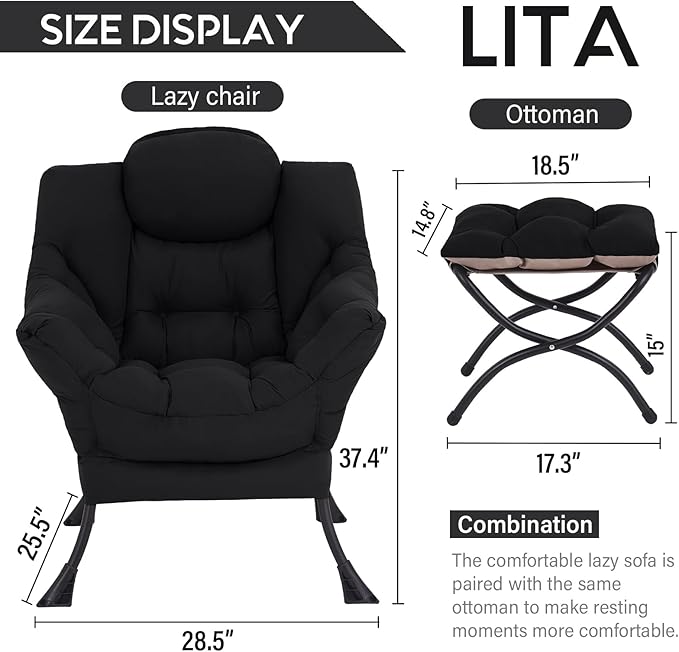 LITA Lazy Chair With Ottoman, Modern Accent Leisure Upholstered Sofa, - Image 3