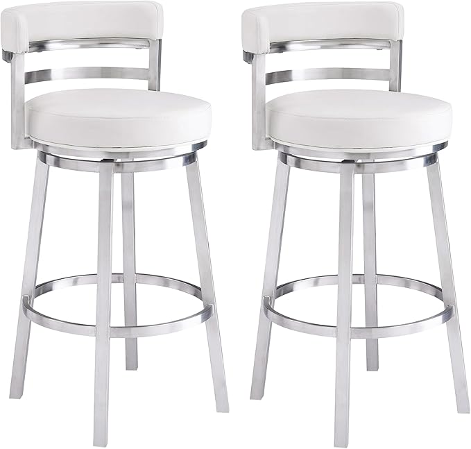 Armen Living Madrid 26" Seat Height Swivel White Faux Leather and Brushed by ArmenLiving