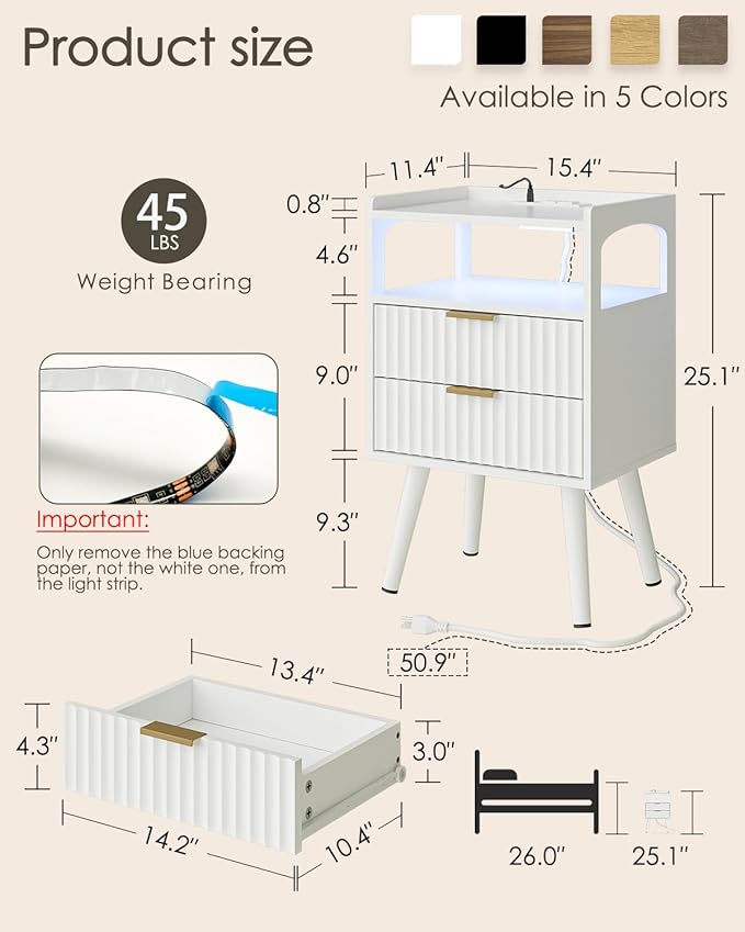 Nightstand with Charging Station and LED Lights, Modern Bedside Table with - Image 2