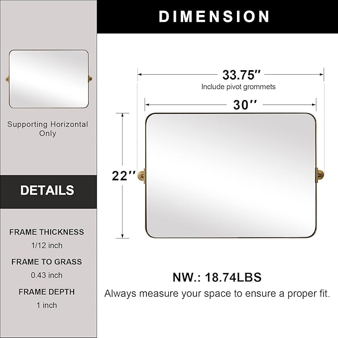 MOON MIRROR 30" x 22" Brushed Gold Rectangle Bathroom Mirror, Tilting Rounded - Image 4