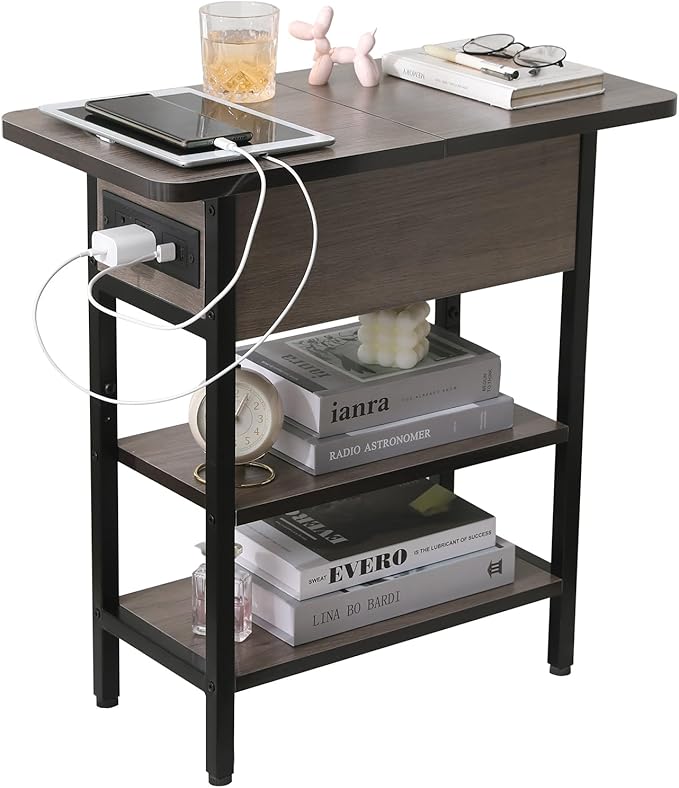 Modern End Table with Charging Station, Narrow Side Table with USB Ports & by SURMIO