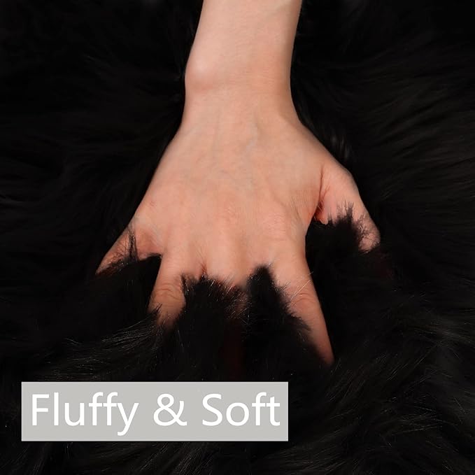 duduta Black Faux Sheepskin Runner Rugs 2x6 ft, Fluffy Shag Bedroom Rug Fur - Image 3