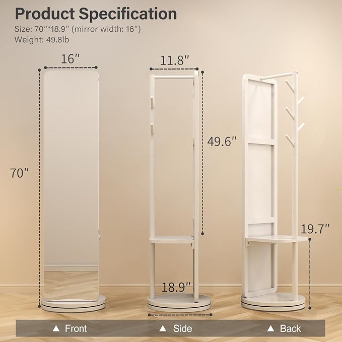 70"x16"Full Length Mirror with Stand, Coat Rack with Mirror, Solid Wood Floor - Image 2