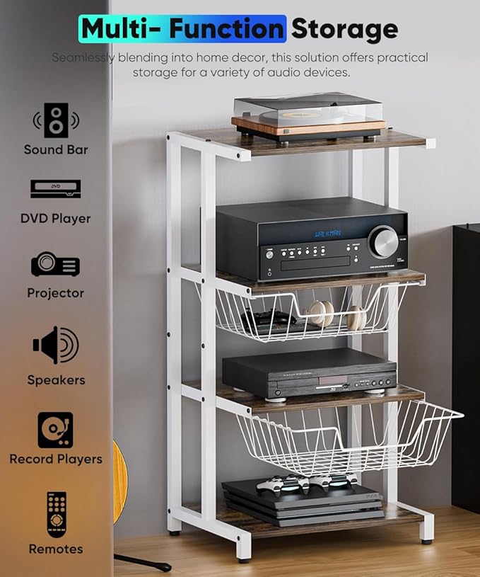Media Stand with Two Detachable Baskets, 4-Tier AV Media Stand Corner Shelf - Image 5