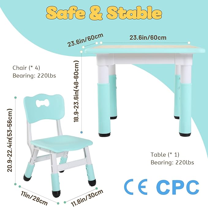 FUNLIO Kids Table and 4 Chairs Set, Height Adjustable Toddler Table and Chair - Image 6