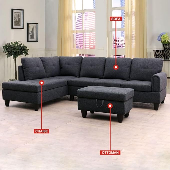 Black Grey L-Shaped 3-Piece Linen Sofa - Image 3
