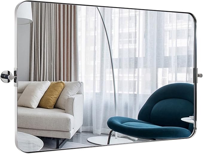 MOON MIRROR 36" x 24" Brushed Nickel Rectangle Bathroom Mirror, Tilting Rounded - Image 6