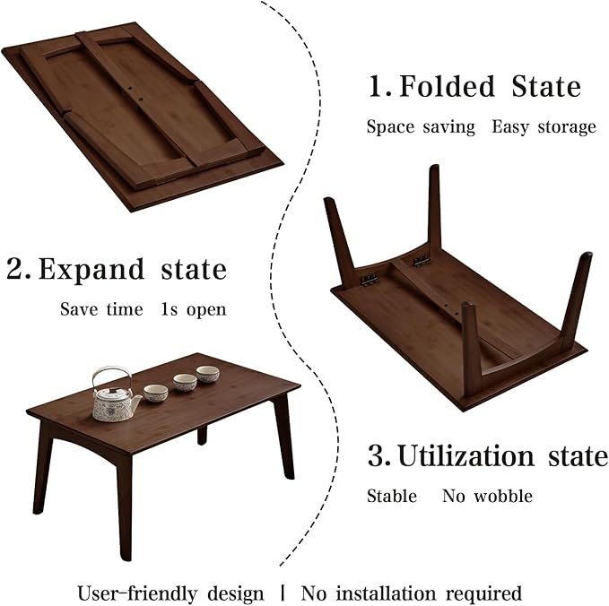Japanese Floor Table No Assembly Required Bamboo Folding Walnut Coffee Table - Image 4