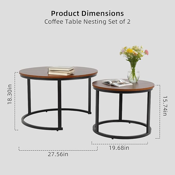 FAHKNS Nesting Coffee Table Set of 2, 27.56" & 19.68" Round Simple Industrial - Image 2